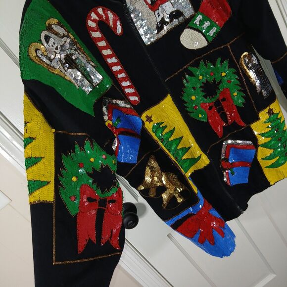 VINTAGE MODI DENIM Sequin Christmas Holiday Ugly Sweater Jacket L 10/12 80s 90s - Picture 5 of 16
